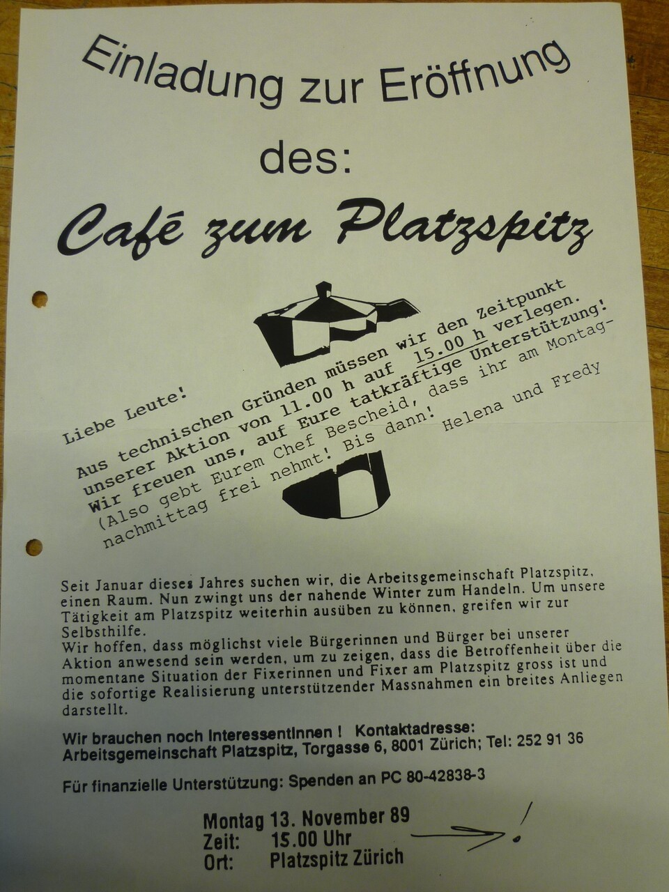 Einladung zur Eröffnung des: Café zum Platzspitz