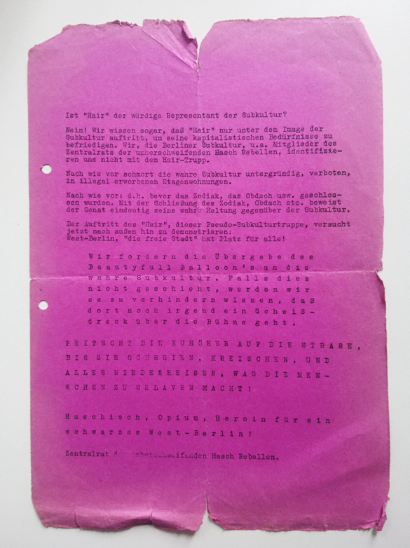Leaflet of the West Berlin Hash Rebels 1969
